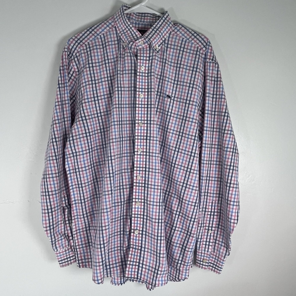 Vineyard Vines Men's L Blue Pink Plaid Long Sleeve Button Down Whale Shirt